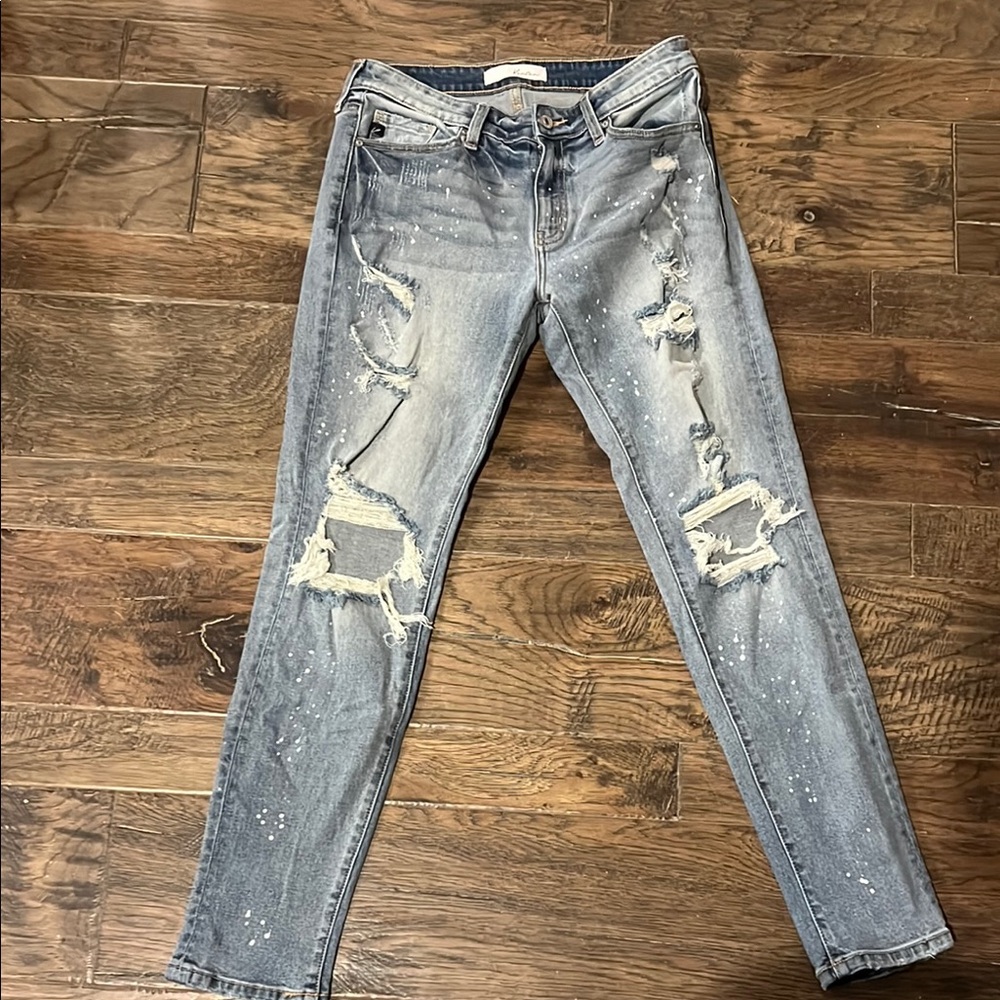 KanCan Light Wash Distressed Skinny Jeans with Paint Splatter